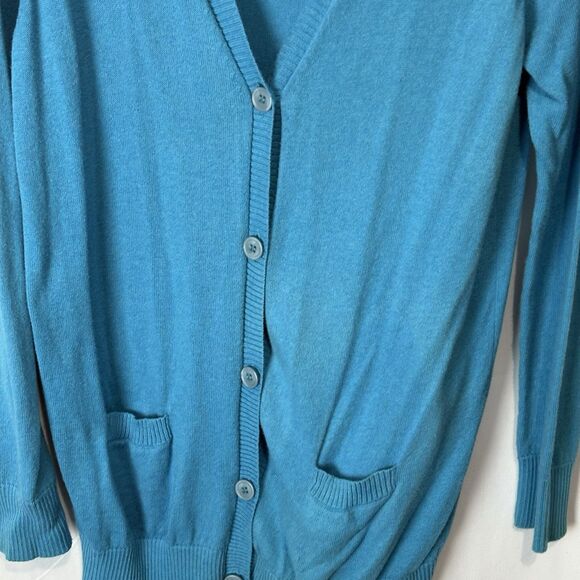 LL Bean Cardigan Sweater Cotton Cashmere Blend Bright Turquoise Size Large-Reg. - Picture 3 of 7